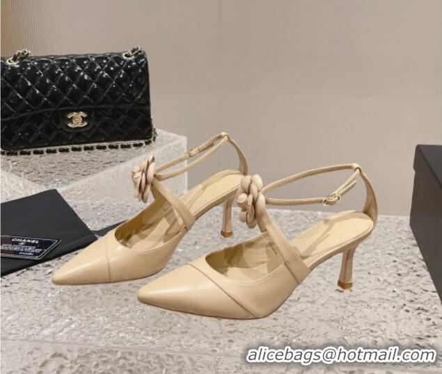 Popular Style Chanel Lambskin Pumps 7.5cm with Camellia Bloom Beige 091121