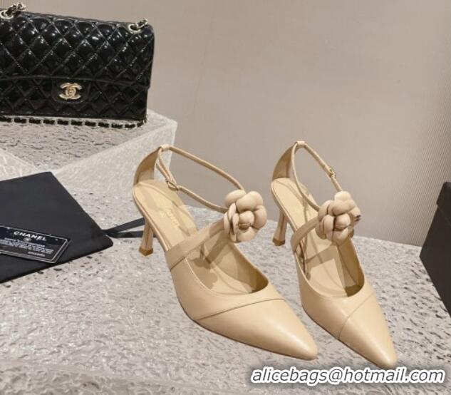 Popular Style Chanel Lambskin Pumps 7.5cm with Camellia Bloom Beige 091121