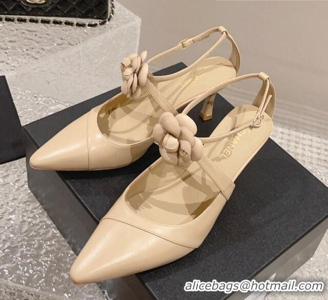 Popular Style Chanel Lambskin Pumps 7.5cm with Camellia Bloom Beige 091121