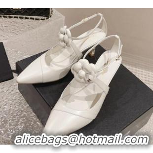 Charming Chanel Lambskin Pumps 7.5cm with Camellia Bloom White 091122