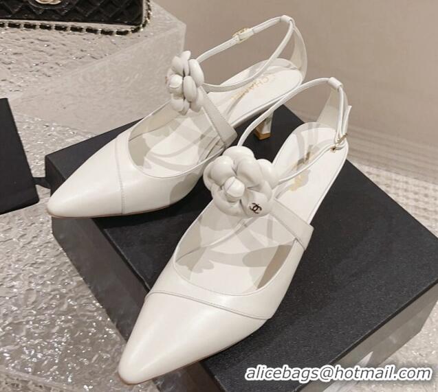 Charming Chanel Lambskin Pumps 7.5cm with Camellia Bloom White 091122