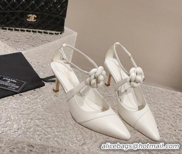 Charming Chanel Lambskin Pumps 7.5cm with Camellia Bloom White 091122