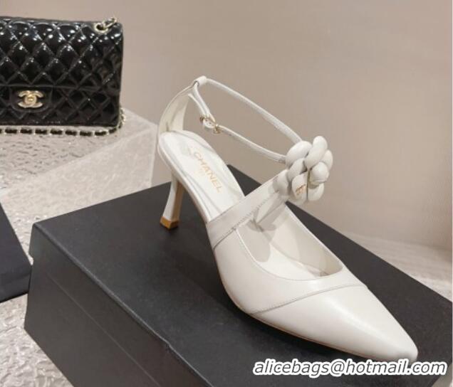 Charming Chanel Lambskin Pumps 7.5cm with Camellia Bloom White 091122