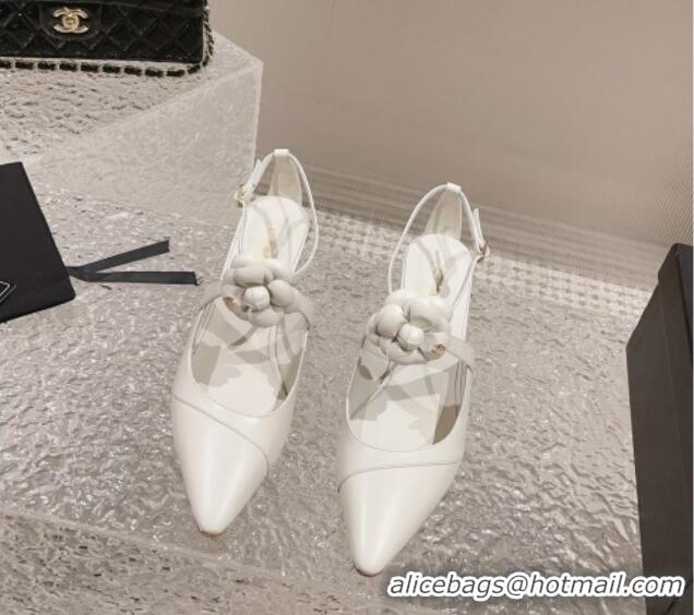 Charming Chanel Lambskin Pumps 7.5cm with Camellia Bloom White 091122