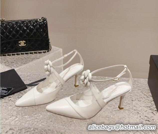 Charming Chanel Lambskin Pumps 7.5cm with Camellia Bloom White 091122