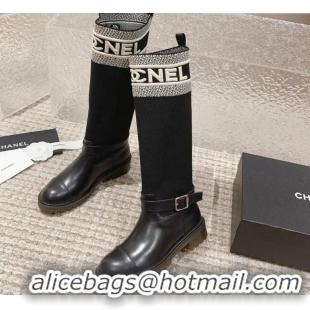 Low Price Chanel Calfskin & Knit High Boots Black 91125