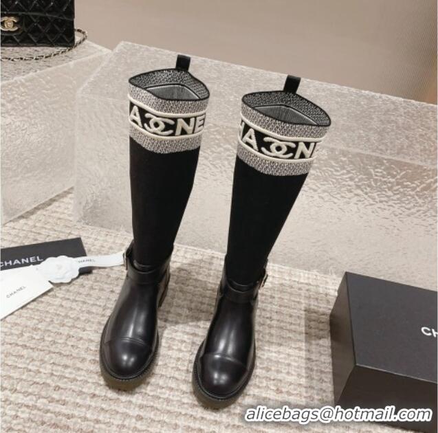 Low Price Chanel Calfskin & Knit High Boots Black 91125