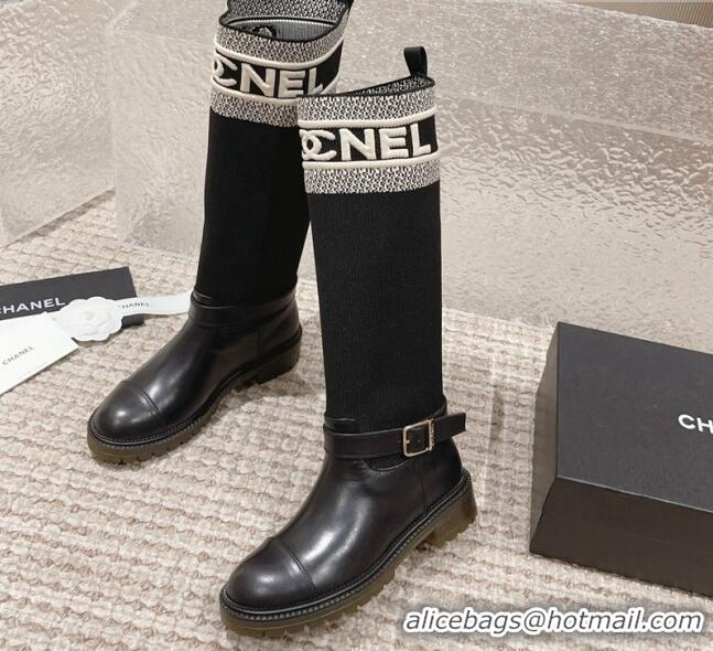 Low Price Chanel Calfskin & Knit High Boots Black 91125