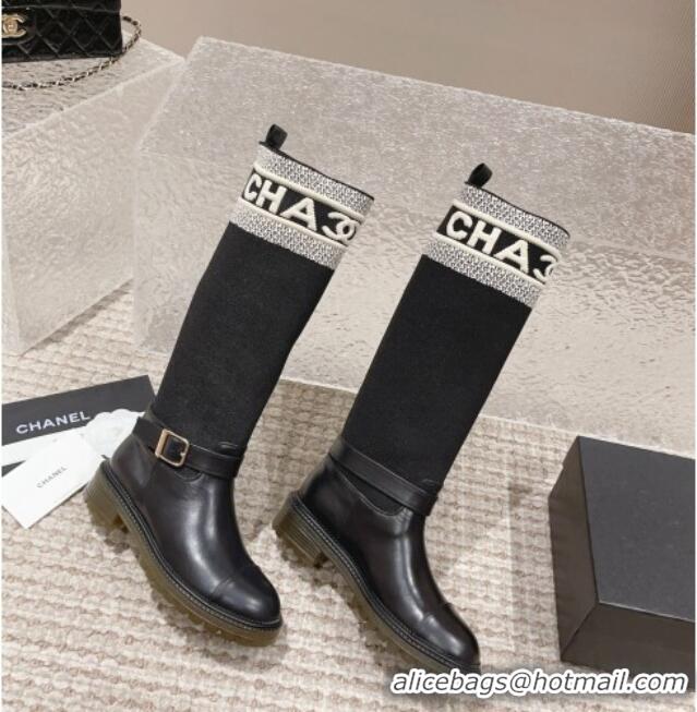 Low Price Chanel Calfskin & Knit High Boots Black 91125