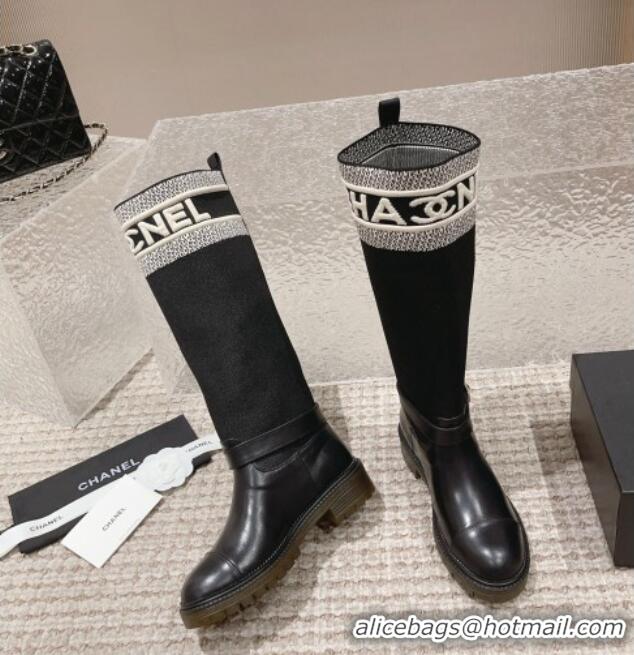 Low Price Chanel Calfskin & Knit High Boots Black 91125