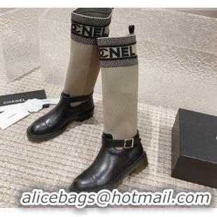 New Design Chanel Calfskin & Knit High Boots Beige 091126