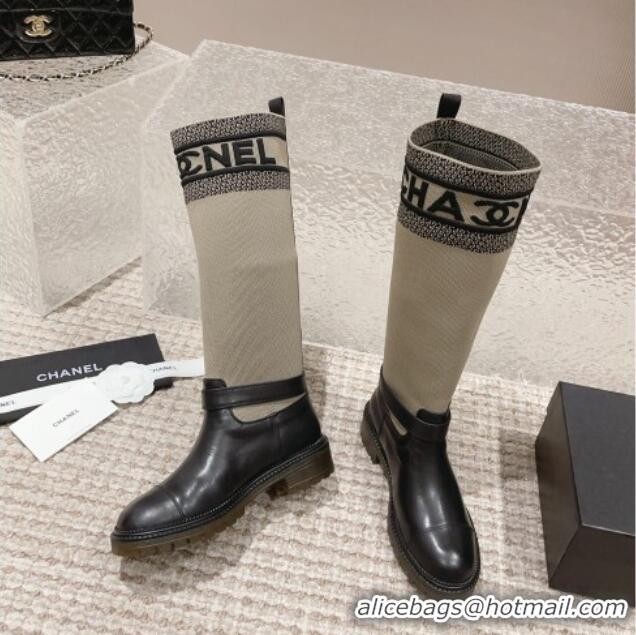 New Design Chanel Calfskin & Knit High Boots Beige 091126