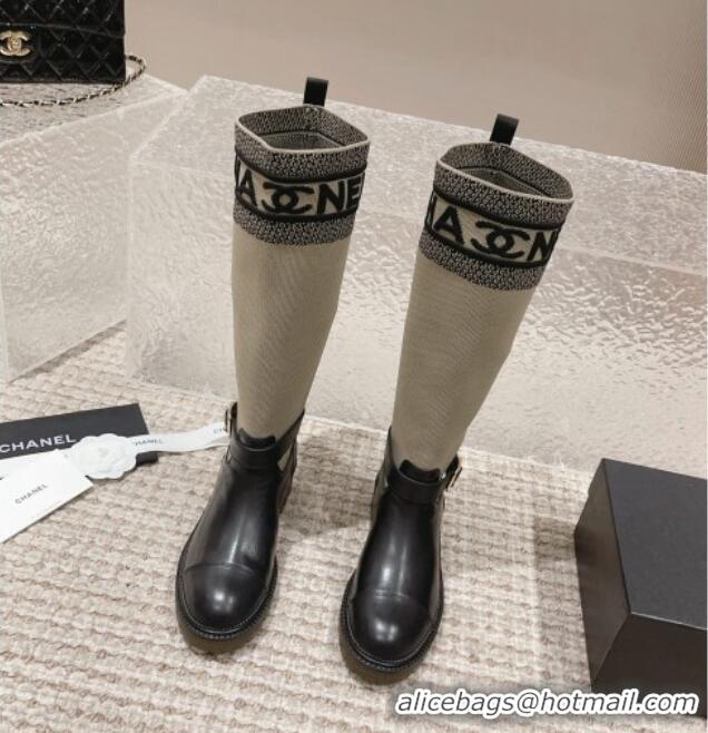 New Design Chanel Calfskin & Knit High Boots Beige 091126