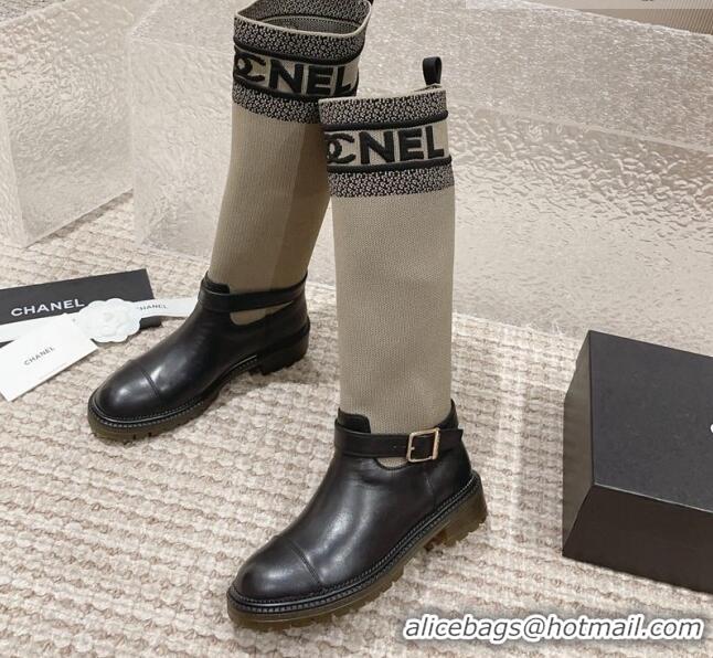 New Design Chanel Calfskin & Knit High Boots Beige 091126