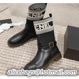 Best Product Chanel Calfskin & Knit Ankle Boots Black 091127