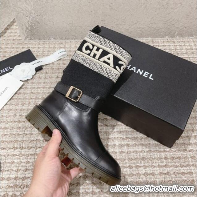 Best Product Chanel Calfskin & Knit Ankle Boots Black 091127