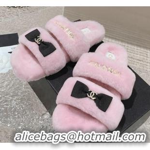 Good Taste Chanel Shearling Wool Flat Slide Sandals with Bow Light Pink 091129