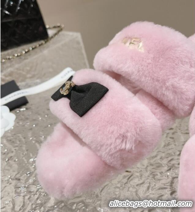 Good Taste Chanel Shearling Wool Flat Slide Sandals with Bow Light Pink 091129