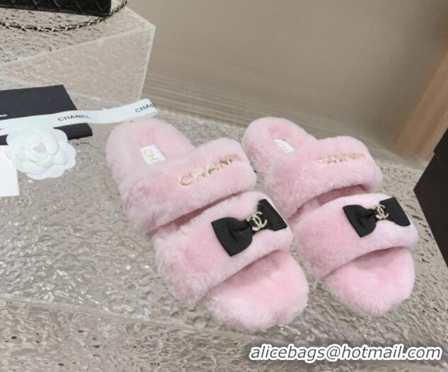 Good Taste Chanel Shearling Wool Flat Slide Sandals with Bow Light Pink 091129