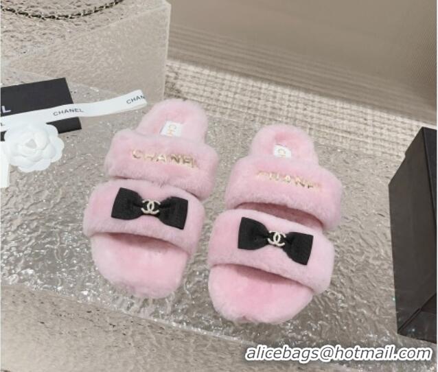 Good Taste Chanel Shearling Wool Flat Slide Sandals with Bow Light Pink 091129