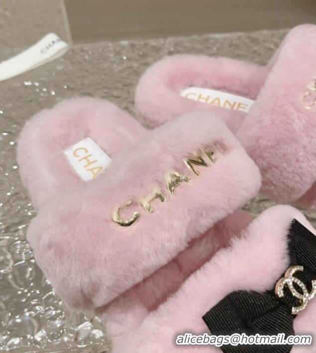 Good Taste Chanel Shearling Wool Flat Slide Sandals with Bow Light Pink 091129