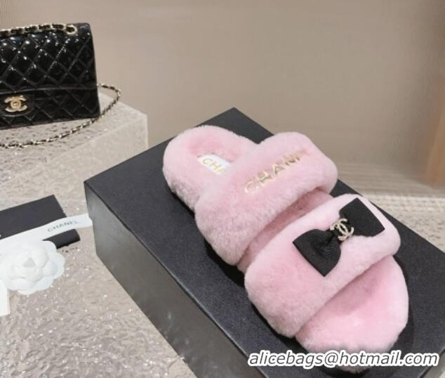 Good Taste Chanel Shearling Wool Flat Slide Sandals with Bow Light Pink 091129