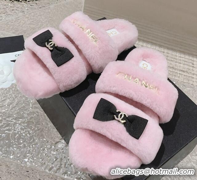 Good Taste Chanel Shearling Wool Flat Slide Sandals with Bow Light Pink 091129