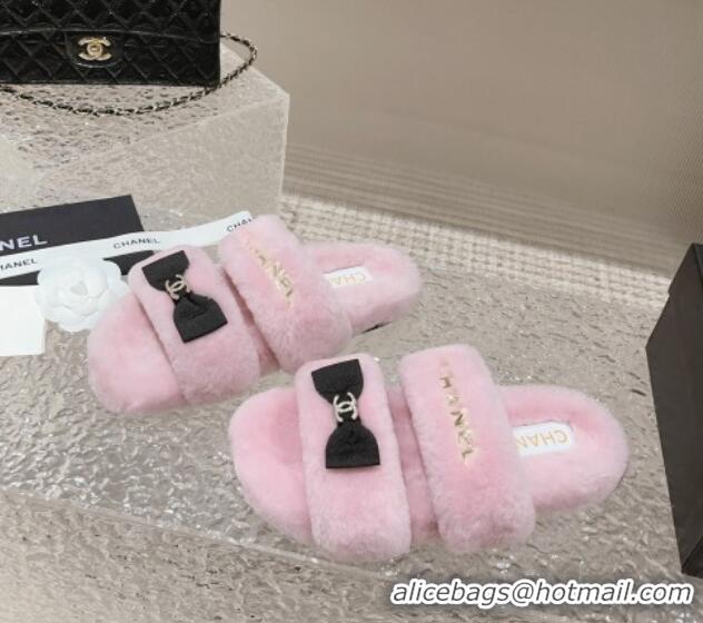 Good Taste Chanel Shearling Wool Flat Slide Sandals with Bow Light Pink 091129