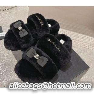 Big Discount Chanel Shearling Wool Flat Slide Sandals with Bow Black 091130