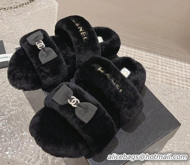 Big Discount Chanel Shearling Wool Flat Slide Sandals with Bow Black 091130