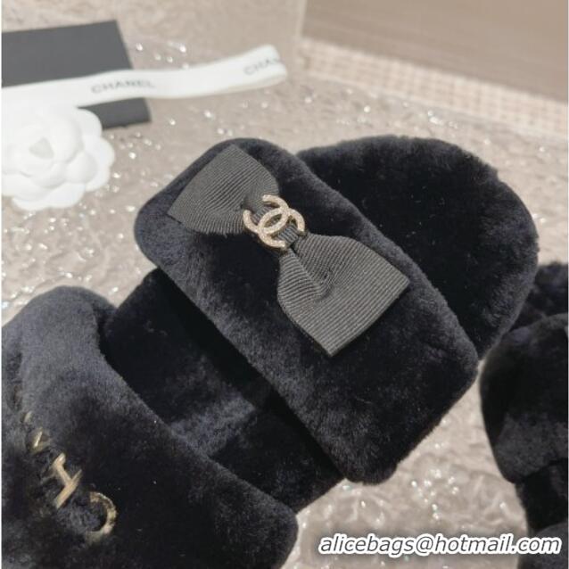 Big Discount Chanel Shearling Wool Flat Slide Sandals with Bow Black 091130