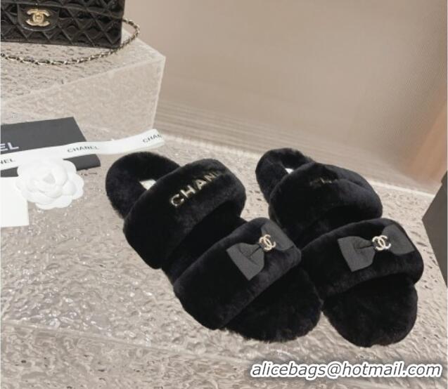 Big Discount Chanel Shearling Wool Flat Slide Sandals with Bow Black 091130