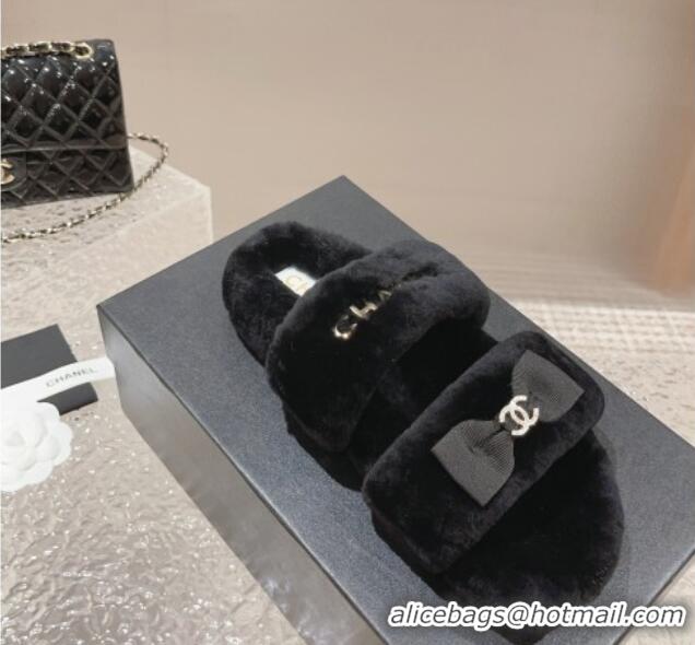 Big Discount Chanel Shearling Wool Flat Slide Sandals with Bow Black 091130