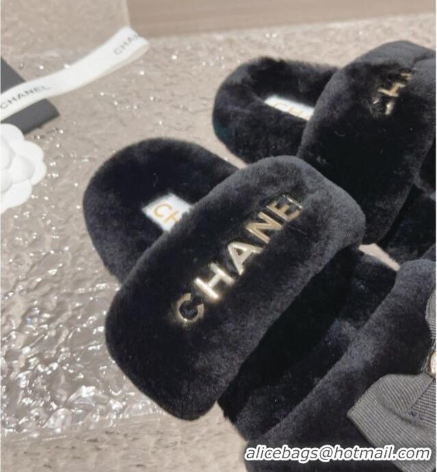 Big Discount Chanel Shearling Wool Flat Slide Sandals with Bow Black 091130