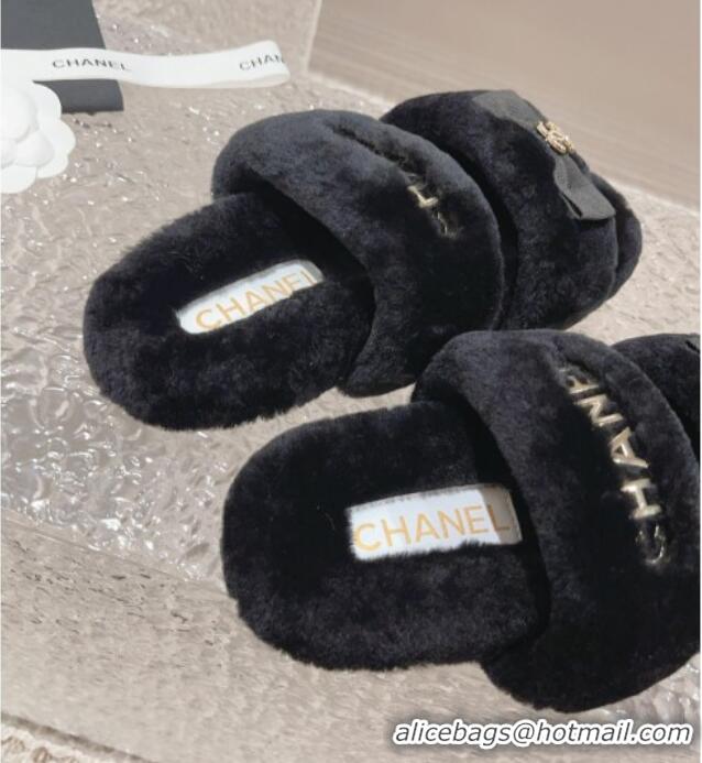 Big Discount Chanel Shearling Wool Flat Slide Sandals with Bow Black 091130