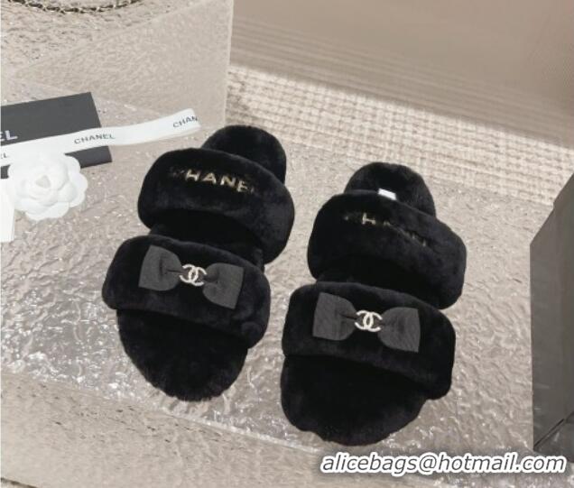 Big Discount Chanel Shearling Wool Flat Slide Sandals with Bow Black 091130