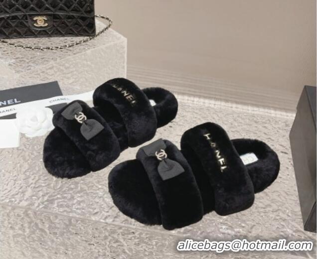 Big Discount Chanel Shearling Wool Flat Slide Sandals with Bow Black 091130