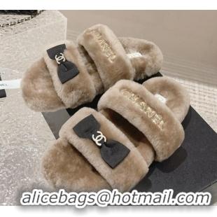 Durable Chanel Shearling Wool Flat Slide Sandals with Bow Beige 091131