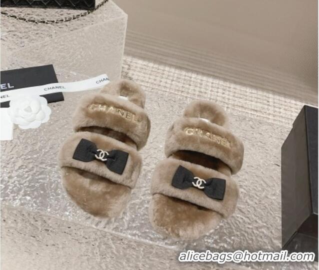 Durable Chanel Shearling Wool Flat Slide Sandals with Bow Beige 091131