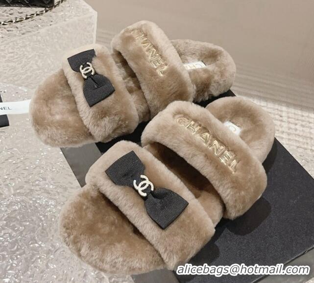 Durable Chanel Shearling Wool Flat Slide Sandals with Bow Beige 091131