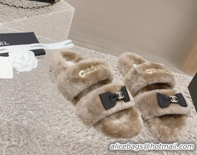 Durable Chanel Shearling Wool Flat Slide Sandals with Bow Beige 091131