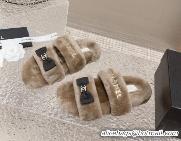 Durable Chanel Shearling Wool Flat Slide Sandals with Bow Beige 091131