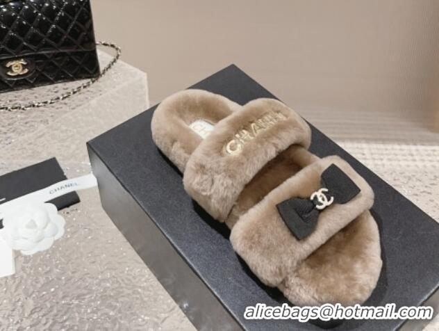 Durable Chanel Shearling Wool Flat Slide Sandals with Bow Beige 091131