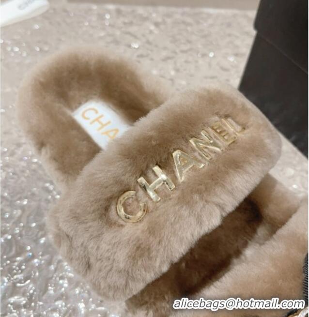 Durable Chanel Shearling Wool Flat Slide Sandals with Bow Beige 091131