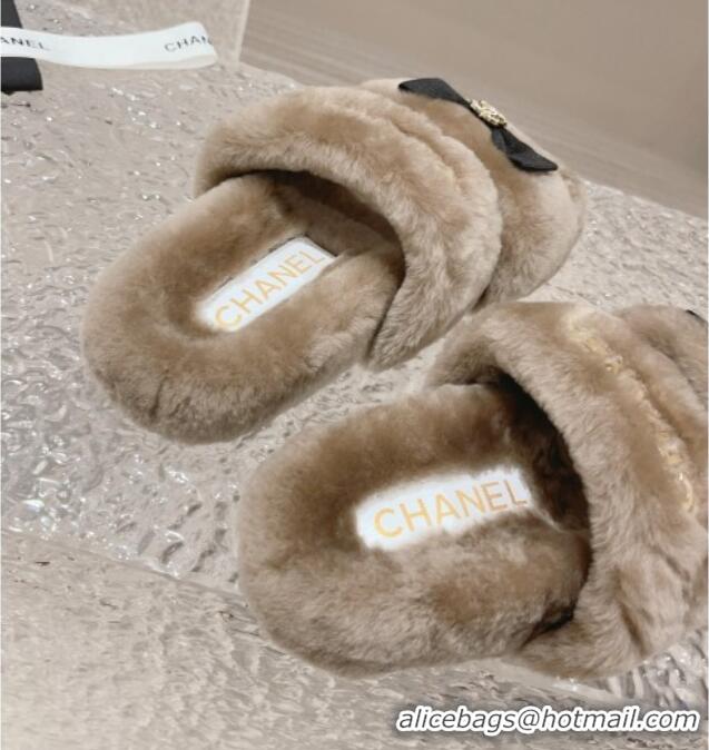 Durable Chanel Shearling Wool Flat Slide Sandals with Bow Beige 091131