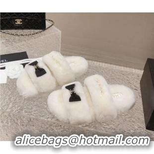 Best Price Chanel Shearling Wool Flat Slide Sandals with Bow White 91132