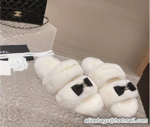 Best Price Chanel Shearling Wool Flat Slide Sandals with Bow White 91132