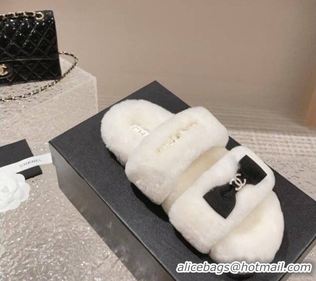 Best Price Chanel Shearling Wool Flat Slide Sandals with Bow White 91132