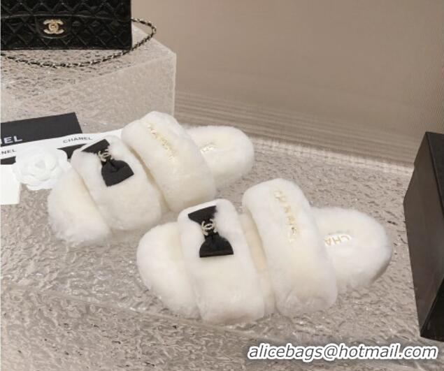 Best Price Chanel Shearling Wool Flat Slide Sandals with Bow White 91132