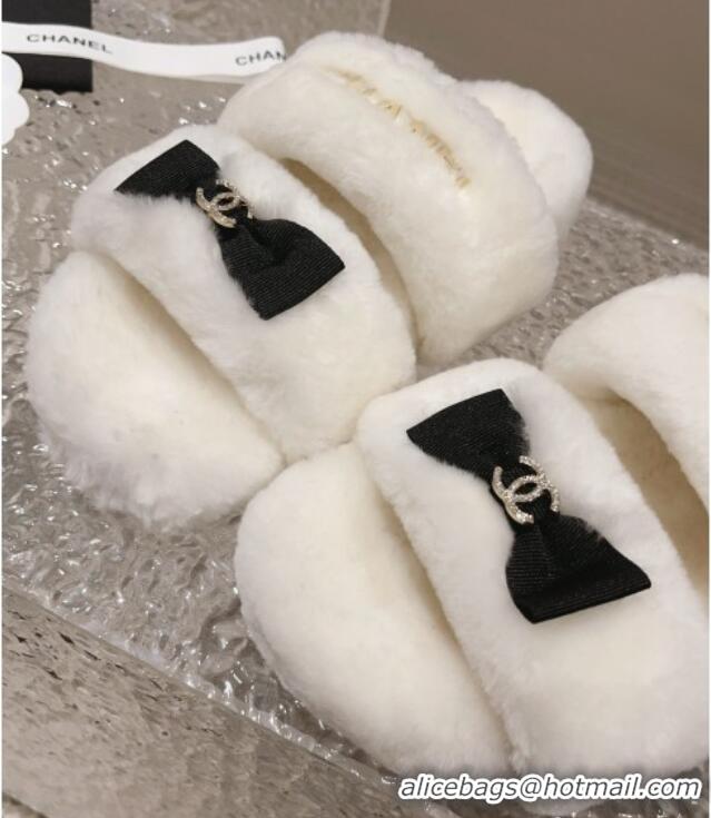 Best Price Chanel Shearling Wool Flat Slide Sandals with Bow White 91132